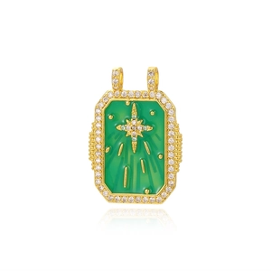 Gold rectangular pendant featuring green agate, zircon accents, and starburst details