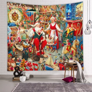 Detail eines Weihnachtswandteppichs mit Weihnachtsmann-Werkstatt auf weißer Ziegelwand