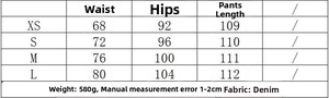 Size chart for denim blazer and skirt set with waist, hip and length measurements in cm