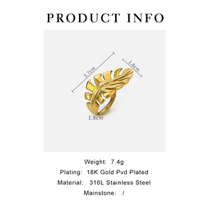 Macro detail of leaf-shaped 18k gold plated ring showing design dimensions and texture