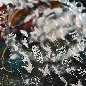 Holographic butterfly nail stickers with laser glitter finish and 3D bow designs
