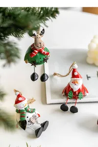 Christmas hanging ornaments set with reindeer, Santa and snowman metal bell figurines