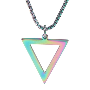Rainbow-plated stainless steel triangle pendant necklace with a detailed box chain design