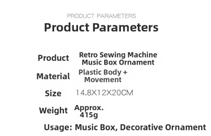 Detailed dimensions and specs for the retro sewing machine music box home decor
