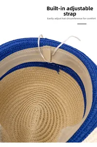 Detail of interior adjustable drawstring for hat size adjustment on straw sun hat
