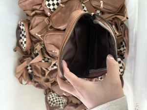 Internal view of a checkered nylon belt bag showing interior mesh compartments and zipper