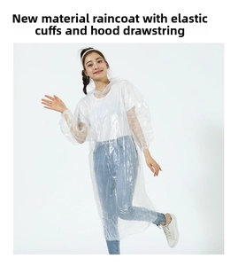 Detail of disposable transparent poncho showing elastic cuffs and drawstring hood design