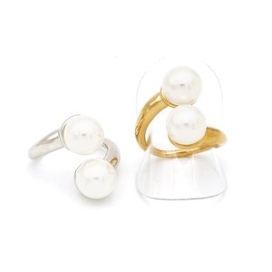 Adjustable stainless steel double pearl open ring in gold and silver finish options