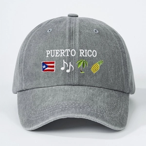 Vintage washed dark grey baseball cap with colorful Puerto Rico embroidery and flat brim