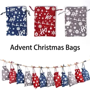 Weihnachts-Geschenktüten aus Sackleinen mit Kordelzug und Ho Ho Ho Aufdruck in versch. Farben