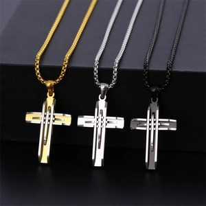 Three cross pendant necklaces in gold, silver, and black with durable box chains
