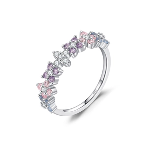 S925 sterling silver ring with gradient clover design and colorful gemstones on white background