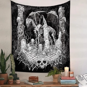 Bohemian skull tapestry with grim reaper and bat wings for gothic wall decoration