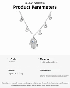 Detailed specs for S925 sterling silver Hamsa Hand necklace with blue zircon pendant