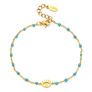Close-up of golden stainless steel eye bracelet with turquoise beads on white base