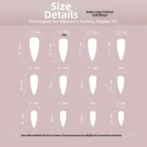 Size chart for extra long stiletto press on nails featuring 12 specific dimensions in mm