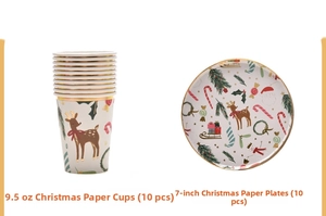 Detail of Christmas reindeer paper cups and 7-inch gold foil plates in 10-piece sets