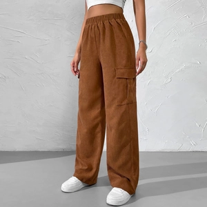 Damen Cordhose Cargo Pants Hohe Taille Elastischer Bund Weites Bein Gerade Hose Mit Seitentaschen Lässig Locker Retro