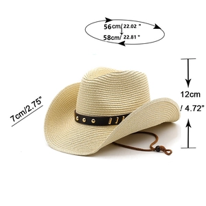 Classic western straw cowboy hat in beige with leather band and metal rivets for beach sun protection
