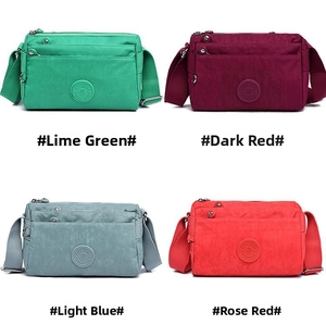 Collage of multi-pocket nylon crossbody bags in green, red, blue, and rose pink colors