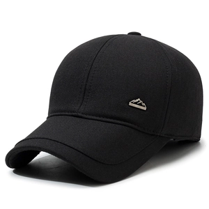 Men's winter baseball cap with ear flaps in black cotton featuring mountain metal badge