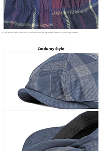 Detail view of navy blue plaid corduroy newsboy cap with adjustable back elastic strap