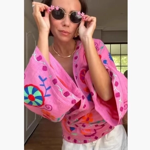 Women Boho Floral Embroidered Cardigan Jacket Loose Long Sleeve Tie Front Casual Vacation Outerwear Pink