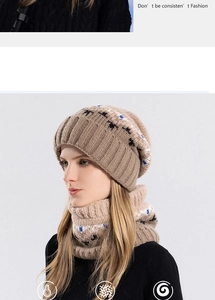 Close-up of thick knit winter set with jacquard star patterns on beanie and neck gaiter