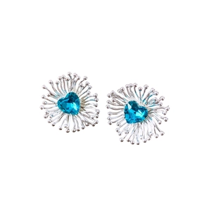 Silver-plated stud earrings with blue heart-shaped zirconia in a starburst design