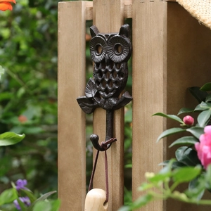 Gancio da parete a forma di gufo in ghisa vintage bronzo su staccionata in legno