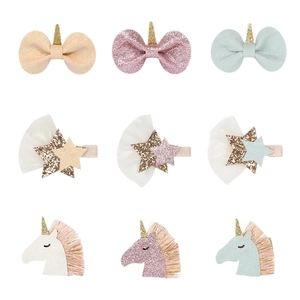 9-piece set of glitter unicorn and star hair clips for girls in pastel colors