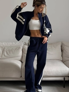 Survêtement En Coton Pour Femmes Veste De Jogging Zippée Et Pantalon À Rayures Latérales Blanches Sportif