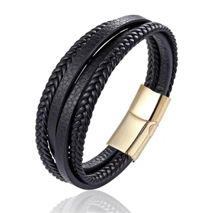 Men's multilayer black braided leather bracelet with golden magnetic clasp on white background