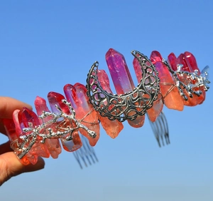 Detail of gradient crystal cat ear crown with silver crescent moon and branch accents