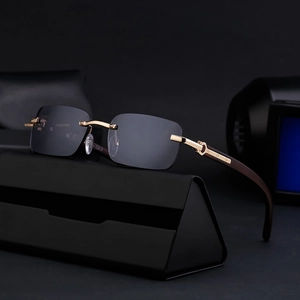 Luxury rimless sunglasses with wood texture temples and golden metal C-decor hinges