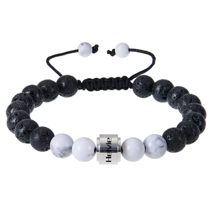Detail of adjustable braided rope bracelet with lava stones and engraved metal bead