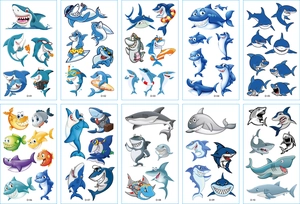 Set of ten cute blue cartoon shark temporary tattoos for kids featuring varied expressions
