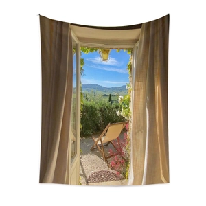 Macro detail of high-definition digital printing on Bohemian window scenery tapestry