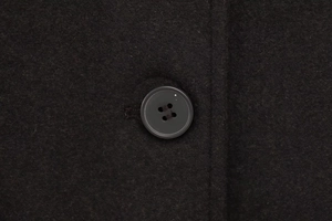 Close-up of classic four-hole button and wool-like texture on a black winter coat