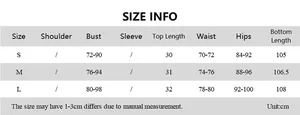 Detailed size chart for women's strapless top and pants set with measurements in cm