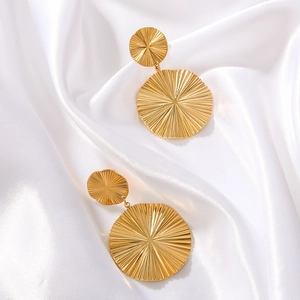 Chic 18k gold plated stainless steel earrings with textured circular pleated pendants