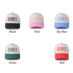 Cotton baseball caps with HONEY embroidery in black, pink, blue, green, and red