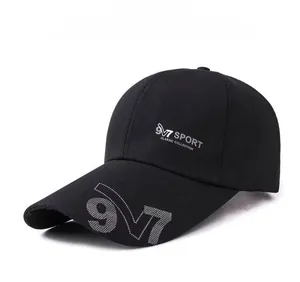 Detail of embroidered 9V7 logo and text on high-quality black twill cotton baseball cap