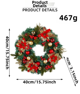 Detailed view of a 40cm Christmas wreath with red poinsettias and golden decorative balls