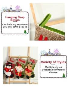 Detail of Christmas stocking hanging loop and embroidery of snowman and reindeer characters