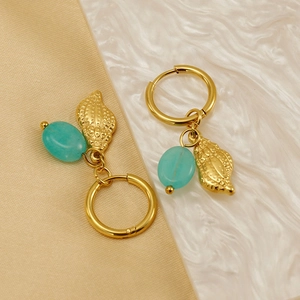 Chic gold titanium steel hoop earrings with natural conch shell and turquoise stone drops