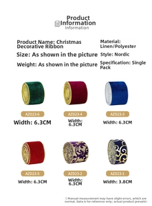 Detail view of diverse 6.3cm Christmas velvet ribbons with elegant gold embroidery patterns