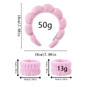 Pink plush spa headband and wristbands set with precise size and weight measurements