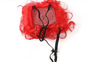 Detail of red curly pet wig featuring breathable black mesh and adjustable elastic cord