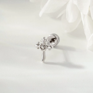 Silver iris cross screw back stud earring for cartilage piercing with metal finish